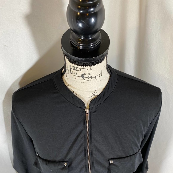 FYLO Woman's Crew Neck 1/2 Zipper Down Roll Up Sleeve Black Stretch Blouse Sz M - Picture 6 of 7